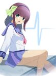  1girl :d angel_beats! black_hairband blue_sailor_collar blue_skirt blunt_bangs blush commentary eyes_visible_through_hair feet_out_of_frame from_side green_eyes green_ribbon hair_ribbon hairband happy highres lelie_(lelie_link) long_sleeves looking_at_viewer medium_hair miniskirt nakamura_yuri neckerchief open_mouth pink_neckerchief pleated_skirt purple_hair ribbon ripples sailor_collar shirt sidelocks simple_background skirt smile solo straight_hair water white_background white_shirt 