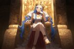  1girl ai-generated blue_eyes blue_hair crossed_legs dress gold_bracelet gold_crown gold_necklace gold_shoes hand_on_chair hand_on_own_chin jewelry necklace nefertari_vivi non-web_source one_piece queen sitting sitting_on_throne smile source_request throne white_dress 