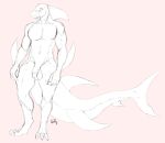  2023 absurd_res anthro arm_fins balls big_tail blush claws digital_drawing_(artwork) digital_media_(artwork) digitigrade embarrassed fin fish fish_tail front_view full-length_portrait genitals head_fin hi_res huge_tail humanoid_genitalia humanoid_penis long_tail looking_aside male marine mcdoogiy nude_anthro nude_male partially_colored penis portrait shark signature simple_background sketch solo standing tail tail_fin thick_tail white_background 