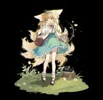  1girl :d absurdres animal_ear_fluff animal_ears arknights bag black_background black_footwear blonde_hair blue_hairband blue_skirt commentary_request fox_ears fox_girl fox_tail frilled_hairband frills full_body grass green_eyes hairband hand_up high-waist_skirt highres jacket long_hair long_sleeves neck_ribbon open_clothes open_jacket puffy_long_sleeves puffy_sleeves red_ribbon ribbon shio_(7203802) shirt shoes shoulder_bag simple_background skirt smile socks solo suzuran_(arknights) tail tree_stump very_long_hair white_jacket white_shirt white_socks 