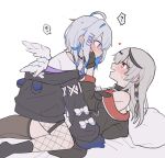  2girls ? amane_kanata amane_kanata_(punk_rock) angel_wings black_jacket black_socks black_thighhighs blue_eyes blue_hair blush closed_mouth commentary_request ear_piercing eye_contact fishnet_thighhighs fishnets girl_on_top grey_hair hair_ornament heart hololive jacket kiga104 long_hair looking_at_another multiple_girls off_shoulder open_mouth piercing sakamata_chloe sakamata_chloe_(1st_costume) socks socks_over_thighhighs spoken_question_mark thighhighs virtual_youtuber wings x_hair_ornament yuri 