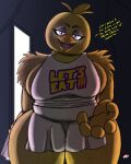  animatronic anthro apron apron_only arm_tuft avian beak big_breasts bird breasts chica_(fnaf) chicken cleaver_(knife) clothing cutlery dialogue drow462 duo feather_hair feathers female first_person_view five_nights_at_freddy&#039;s galliform gallus_(genus) glowing glowing_eyes hi_res kitchen_knife kitchen_utensils knife machine offering_hand orange_beak phasianid pseudo_hair purple_eyes rim_lighting robot scottgames sharp_teeth shoulder_tuft talking_to_viewer teeth text text_on_clothing text_on_topwear thick_thighs tools toothed_beak topwear tuft yellow_body yellow_feathers 