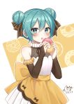  1girl absurdres bare_shoulders black_bow blue_eyes blue_hair blush bow bridal_gauntlets brown_background commentary dated double_bun doughnut dress food food-themed_background hair_bow hair_bun hands_up hatsune_miku highres holding holding_food looking_at_viewer noneon319 parted_lips pleated_dress signature sleeveless sleeveless_dress solo symbol-only_commentary teeth two-tone_background upper_teeth vocaloid white_background white_dress 