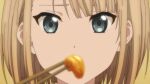  1girl 22/7 22/7_ongaku_no_jikan anime_screenshot blonde_hair blurry chopsticks close-up depth_of_field game_cg green_eyes highres looking_at_food non-web_source official_art saito_nicole short_hair solo uni_(food) 