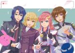  2boys 2girls absurdres athrun_zala black_gloves black_kimono blonde_hair blue_eyes blue_hair brother_and_sister brown_hair cagalli_yula_athha compass_uniform gloves green_eyes grey_jacket group_picture gundam gundam_seed gundam_seed_freedom hair_ornament hand_on_another&#039;s_hip hand_on_another&#039;s_shoulder haro highres jacket japanese_clothes kimono kira_yamato lacus_clyne locked_arms looking_at_viewer military_uniform multiple_boys multiple_girls necktie pant_suit pants pink_hair purple_eyes recording red_necktie siblings smile suit twins uniform user_kunf8626 v viewfinder yellow_eyes 