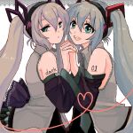  2girls back_bow blue_hair bow collared_shirt commentary_request detached_sleeves dual_persona from_side green_eyes grey_hair hair_ornament hatsune_miku hatsune_miku_(append) headphones heart heart_of_string holding_hands kazu_tanuki long_hair long_sleeves looking_at_viewer looking_to_the_side multiple_girls necktie open_mouth parted_lips shirt sleeveless sleeveless_shirt smile very_long_hair vocaloid vocaloid_append 