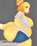  animal_crossing anthro artist_name bathroom belly big_belly big_breasts big_butt bloated bodily_fluids bottomwear bottomwear_down breasts butt canid canine canis clothed clothing desperation digital_media_(artwork) domestic_dog female frown fur hair hand_on_belly isabelle_(animal_crossing) logo mammal motion_lines nintendo overweight overweight_female pants pants_down partially_clothed rumbling_stomach shih_tzu simple_background solo sweat tail thick_thighs toilet toy_dog unlucky_fella yellow_body yellow_fur 
