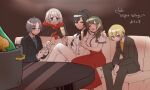  5girls ahoge alcohol asakura_toru black_hair black_suit blonde_hair blue_eyes blue_hair blue_necktie bob_cut braid braided_ponytail champagne champagne_flute commentary_request couch crossed_legs cup drinking_glass formal gradient_hair green_hair grey_eyes grey_hair hair_over_shoulder high-waist_skirt high_ponytail hood hoodie host host_club idolmaster idolmaster_shiny_colors jacket_over_hoodie kuwayama_chiyuki long_braid long_skirt long_sleeves multicolored_hair multiple_girls necktie ponytail purple_eyes saijo_juri serizawa_asahi shirase_sakuya shirt short_hair short_sleeves single_braid sitting skirt suit sunahi_arumi white_shirt white_suit yellow_eyes 