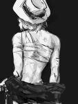  1girl back bandaged_arm bandaged_chest bandages bare_back from_behind greyscale hat hat_feather highres ke_laoye langley_(path_to_nowhere) median_furrow medium_hair monochrome path_to_nowhere scar scar_on_arm scar_on_back simple_background solo trilby undressing upper_body 