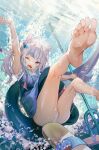  1girl animal_ears ass barefoot blue_eyes blue_hair blue_nails blue_shirt blue_skirt breasts cat_ears cube_hair_ornament fins fish_tail gawr_gura gawr_gura_(casual) grey_hair hair_ornament highres holding_trident hololive hololive_english looking_at_viewer medium_hair multicolored_hair nail_polish official_alternate_costume one_eye_closed one_side_up open_mouth panties shark_girl shark_tail sharp_teeth shirt skirt small_breasts streaked_hair tail teeth tennozoku toenail_polish toenails underwear upper_teeth_only virtual_youtuber water white_panties 