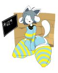  4_ears 4four44 anthro black_eyes black_nose butt clothing english_text female floppy_ears fur grey_hair grey_inner_ear hair huge_thighs kneeling legwear long_tail multi_ear open_mouth open_smile pattern_clothing pattern_legwear pattern_thigh_highs short_hair simple_background simple_face smile solo spread_legs spreading striped_clothing striped_legwear striped_thigh_highs stripes tail tem temmie_(undertale) text text_box thick_thighs thigh_highs undertale undertale_(series) white_background white_body white_ears white_fur white_tail wide_hips 