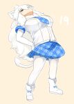  1girl :3 animal_ear_fluff animal_ears blue_necktie blue_skirt blue_sky blush boots bow breasts closed_mouth commentary_request elbow_gloves footwear_bow full_body gloves grey_eyes highres kemono_friends large_breasts leaning_back lets0020 lion_ears lion_girl lion_tail long_hair medium_bangs necktie numbered pantyhose plaid plaid_necktie plaid_skirt pleated_skirt shirt short_sleeves simple_background skirt sky smile solo stretching tail very_long_hair white_footwear white_gloves white_hair white_lion_(kemono_friends) white_pantyhose white_shirt 