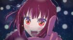  1girl absurdres arima_kana black_hat blurry blush bob_cut bokeh commentary_request depth_of_field derivative_work exe_(pixiv_7369194) gloves hat highres idol inverted_bob looking_at_viewer mini_hat open_mouth oshi_no_ko pink_gloves pointing pointing_at_viewer red_eyes red_hair short_hair solo sweat teeth 