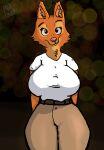  abstract_background anthro big_breasts big_butt breasts butt canid canine clothed clothing curvy_figure detailed_background diane_foxington dreamworks female fully_clothed fur hands_behind_back hi_res khaki_pants looking_at_viewer mammal orange_body orange_fur pink_nose portrait shirt simple_background the_bad_guys thick_thighs three-quarter_portrait tight_clothing topwear voluptuous white_clothing white_shirt white_topwear wide_hips 