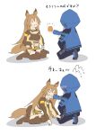  2girls :i animal_ears arknights bangs black_panties blue_jacket blue_poison_(arknights) breasts brown_hair brown_shirt brown_thighhighs ceobe_(arknights) closed_mouth dog_ears dog_girl dog_tail eating flying_sweatdrops food food_on_face hair_between_eyes highres holding holding_food hood hood_up hooded_jacket jacket long_hair long_sleeves medium_breasts multiple_girls no_shoes o_o panties pink_hair puffy_long_sleeves puffy_sleeves shadow shirt simple_background sitting tail thighhighs translation_request underwear very_long_hair wariza white_background yokaze_(yokajie) 