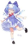  1girl bandaid bandaid_on_knee bandaid_on_leg bloomers blue_bow blue_hair bow cirno closed_eyes dress highres ice ice_wings lisa_(faeuna) open_mouth shoes socks solo touhou underwear white_bloomers wings 