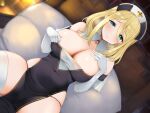  1girl absurdres areola_slip bangs bed bed_sheet black_dress black_panties blonde_hair blush breasts cleavage closed_mouth covered_navel detached_collar dress dutch_angle elbow_gloves gloves green_eyes hair_between_eyes highres indoors large_breasts long_hair looking_at_viewer masaoka_misaki mole mole_on_breast no_bra non-web_source nun on_bed original panties pelvic_curtain pillow sidelocks sitting smile solo thighhighs thighs underwear undressing white_gloves 