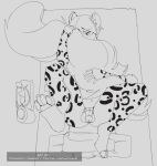  bottle chastity_device diaper felid fluffy fluffy_tail gamer2 hidden_face high-angle_view infantilism looking_at_viewer male mammal monochrome napkin nude pantherine paws shy sketch snow_leopard solo spots spotted_body 