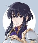  1girl armor bangs black_hair cm_lynarc commission earrings fire_emblem fire_emblem_heroes grin happy highres jewelry larcei_(fire_emblem) looking_at_viewer popped_collar purple_eyes short_hair simple_background smile tomboy 