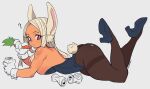  1girl ? animal_ears boku_no_hero_academia can carrot closed_mouth eating from_side gloves high_heels highleg highleg_leotard legs_up leotard long_hair looking_at_viewer lying mirko on_stomach pantyhose playboy_bunny rabbit_ears rabbit_girl rabbit_tail red_eyes simple_background slammo solo tail white_gloves white_hair 