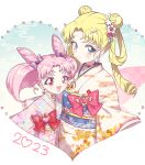  2023 2girls :d absurdres alternate_hairstyle bishoujo_senshi_sailor_moon blonde_hair blue_eyes bow chibi_usa choker closed_mouth cone_hair_bun crisis_moon_compact dot_nose double_bun earrings flower flower_earrings hair_bow hair_bun hair_flower hair_ornament hair_rings hairpin heart heart_choker heart_earrings highres japanese_clothes jewelry kimono long_hair looking_at_viewer loveodoro multiple_girls open_mouth parted_bangs pink_hair pink_kimono print_kimono purple_bow rabbit_hair_ornament red_bow red_choker red_eyes red_flower red_rose rose short_hair smile tsukino_usagi twintails 