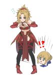  1girl 2girls abs absurdres ahoge armor artoria_pendragon_(fate) bare_shoulders black_thighhighs blonde_hair blue_dress blush boots braid breasts cleavage collarbone commentary commentary_request detached_sleeves dress fang fate/grand_order fate_(series) flying_sweatdrops french_braid full_body gonburu_juan green_eyes hair_ornament hair_scrunchie heart heart_hands highres leaning_forward long_hair looking_at_viewer midriff mordred_(fate) mother_and_daughter multiple_girls navel open_mouth pigeon-toed ponytail red_scrunchie red_sleeves scrunchie sidelocks simple_background skin_fang small_breasts solo standing thighhighs wavy_mouth white_background 