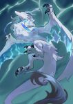  absurdres animal_focus antlers blue_background blue_horns character_request claws dragon dragon_village_collection electricity from_below full_body fur-tipped_tail furred_dragon highres horns monster no_humans old-night solo tail white_fur wings yellow_eyes 