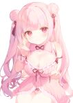  1girl absurdres babydoll bare_shoulders blunt_bangs blush bow breasts cleavage closed_mouth double_bun fox_shadow_puppet frills hair_bun highres indie_virtual_youtuber kitutuki_renge large_breasts lingerie long_hair looking_at_viewer panties pink_eyes pink_hair pink_panties ribbon ribbon_trim sample_watermark simple_background sitting smile solo underwear usanta very_long_hair watermark white_background wrist_cuffs 