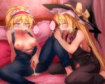  2girls after_sex alice_margatroid bed black_overalls blonde_hair blue_eyes blush bow braid breasts cum cum_in_pussy cum_overflow cum_pool cumdrip futa_with_female futanari hair_bow hairband hat heavy_breathing kirisame_marisa long_hair multiple_girls naked_overalls open_mouth overalls pussy ribbon satisfied sex shimizu_pem short_hair spread_legs spread_pussy touhou witch_hat yellow_eyes 