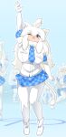 1girl ahoge animal_ear_fluff animal_ears arm_up blue_background blue_bow blue_necktie blue_skirt blush boots bow breasts commentary_request footwear_bow full_body gloves grey_eyes highres jumping kemono_friends large_breasts lets0020 lion_ears lion_girl lion_tail long_hair looking_at_viewer medium_bangs necktie numbered one_eye_closed open_mouth pantyhose plaid plaid_necktie plaid_skirt pleated_skirt skirt smile tail white_footwear white_gloves white_hair white_lion_(kemono_friends) white_pantyhose 