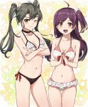  2girls absurdres ahoge alternate_costume bikini breasts brown_eyes commission cowboy_shot dark_green_hair frilled_bikini frills green_eyes hagikaze_(kancolle) highres kanmiya_shinobu kantai_collection long_hair medium_breasts mismatched_bikini multiple_girls one_side_up polka_dot polka_dot_bikini purple_hair side-tie_bikini_bottom skeb_commission swimsuit twintails zuikaku_(kancolle) 