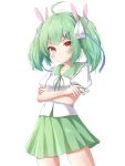  1girl absurdres ahoge blush bow breasts closed_mouth commentary_request cowboy_shot crossed_arms feng_ling_(fenglingwulukong) frilled_shirt_collar frills frown green_dam green_hair green_skirt hair_bow highres looking_at_viewer medium_bangs medium_hair orange_eyes original personification puffy_short_sleeves puffy_sleeves shield_hair_ornament shirt short_sleeves simple_background skirt small_breasts solo twintails v-shaped_eyebrows white_background white_bow white_shirt 