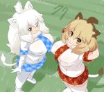  2girls ahoge animal_ear_fluff animal_ears arms_behind_head blonde_hair blue_necktie blue_skirt breasts brown_hair closed_mouth commentary_request expressionless eyes_visible_through_hair from_above full_body grass grey_eyes hair_between_eyes highres kemono_friends large_breasts lets0020 lion_(kemono_friends) lion_ears lion_girl lion_tail long_hair looking_at_viewer medium_bangs miniskirt multiple_girls necktie numbered open_mouth pantyhose plaid plaid_necktie plaid_skirt pleated_skirt red_necktie red_skirt shirt short_sleeves skirt tail thighhighs very_long_hair white_hair white_lion_(kemono_friends) white_pantyhose white_shirt white_thighhighs yellow_eyes 