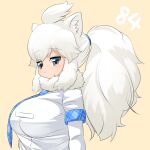  1girl :3 ahoge alternate_hairstyle animal_ear_fluff animal_ears blue_necktie blush breasts closed_mouth commentary_request elbow_gloves fur_collar gloves grey_eyes high_ponytail kemono_friends large_breasts lets0020 lion_ears lion_girl long_hair looking_at_viewer looking_to_the_side medium_bangs necktie numbered shirt short_sleeves simple_background smile solo upper_body white_gloves white_hair white_lion_(kemono_friends) white_shirt yellow_background 