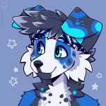  1:1 2024 anthro bared_fangs biped blue_body blue_eyes blue_fur canid canine canis domestic_dog fleurfurr floppy_ears fur hi_res icon looking_away male mammal solo white_body white_fur 