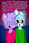  2024 anthro bisexual_pride_colors blush clothed clothing colored dialogue digital_drawing_(artwork) digital_media_(artwork) domestic_cat duo eggnaug felid feline felis female female_anthro freckles fur hair happy hi_res lgbt_pride lgbt_pride_month love lucy_(eggnaug) male male/female male_anthro mammal markings marshall_(eggnaug) nuzzling pride_colors romantic romantic_couple shaded simple_background smile spots spotted_body spotted_fur text url whiskers 