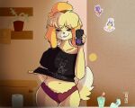  2021 animal_crossing anthro bathroom bed_hair black_clothing black_shirt black_topwear blep canid canine canis cellphone clothed clothing clothing_lift domestic_dog english_text female front_view fur hi_res holding_object holding_phone isabelle_(animal_crossing) mammal mirror_selfie nintendo panties phone portrait selfie shih_tzu shirt shirt_lift sickbelle solo standing t-shirt text three-quarter_portrait tongue tongue_out topwear toy_dog underwear video_games yellow_body yellow_fur 