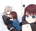  2girls absurdres black_choker black_pantyhose black_shirt blue_eyes blue_shirt blush breasts choker cleavage closed_mouth commentary cuddling frown girls_band_cry grey_eyes habsida_(habsida_hpy) hands_on_another&#039;s_shoulders head_on_chest highres iseri_nina kawaragi_momoka light_brown_hair long_hair looking_at_another multiple_girls pantyhose parted_lips red_hair shirt short_twintails simple_background smile squiggle twintails white_background yuri 