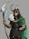  1boy black_hair black_nails black_pants black_shirt cape chain english_commentary fake_horns fingernails fur_collar fur_trim gold_chain gold_trim green_cape green_eyes grey_background hades_(series) hammerings hands_up highres holding holding_scepter horns loki_(marvel) looking_at_viewer male_focus marvel marvel_cinematic_universe medium_hair nail_polish pants parody scepter shirt short_sleeves simple_background smile solo standing style_parody teeth 