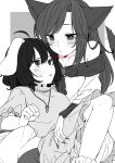  2girls animal_ears bare_shoulders brooch carrot_necklace dress greyscale imaizumi_kagerou inaba_tewi jewelry monochrome multiple_girls necklace rabbit_ears rabbit_girl tagme tail touhou unkmochi wolf_ears wolf_girl wolf_tail 