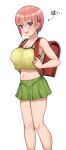  1girl :d aged_down arrow_(symbol) backpack bag blue_eyes breasts commentary_request covered_nipples crop_top crop_top_overhang go-toubun_no_hanayome green_skirt hair_between_eyes highres komainu_(yamaha1997) large_breasts looking_at_viewer midriff miniskirt nakano_ichika navel paid_reward_available pink_hair pleated_skirt randoseru red_bag short_hair skirt smile solo white_background 