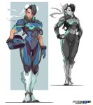  1girl absurdres alternate_costume black_hair bodysuit chun-li concept_art f-zero gloves helmet highres holding holding_helmet multiple_views science_fiction street_fighter tstockwell 