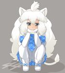  1girl :3 ahoge animal_ear_fluff animal_ears blue_panties blush boots breasts closed_mouth commentary_request elbow_gloves full_body fur_collar gloves grey_background grey_eyes hands_on_own_cheeks hands_on_own_face highres kemono_friends large_breasts lets0020 lion_ears lion_girl lion_tail long_hair looking_at_viewer medium_bangs numbered panties pantyhose shirt short_sleeves simple_background smile solo squatting tail underwear upskirt very_long_hair white_footwear white_gloves white_hair white_lion_(kemono_friends) white_pantyhose white_shirt 