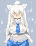  1girl animal_ear_fluff animal_ears blue_necktie blue_skirt blush breasts commentary_request covered_nipples cowboy_shot elbow_gloves flying_sweatdrops fur_collar gloves grey_background grey_eyes hair_between_eyes highres kemono_friends large_breasts lets0020 lion_ears lion_girl long_bangs long_hair looking_at_viewer necktie numbered open_mouth plaid plaid_necktie plaid_skirt shirt skirt smile solo tearing_up water_drop wet wet_clothes wet_hair wet_shirt white_gloves white_hair white_lion_(kemono_friends) white_shirt 
