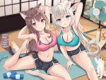  2girls :o akino_ell animal animal_ear_fluff animal_ears armpits arms_behind_head arms_up bare_arms bare_legs bare_shoulders barefoot black_shorts blue_eyes breasts brown_hair cat cat_ears cat_girl cat_tail cleavage collarbone crop_top dolphin_shorts electric_fan hair_ornament hairclip hot indoors large_breasts long_hair looking_at_viewer midriff multiple_girls navel original parted_lips red_eyes short_shorts shorts skindentation sleeveless smile sports_bra stomach stretching sweat tail thighs very_long_hair white_hair 