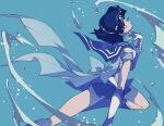  1girl bishoujo_senshi_sailor_moon blue_background blue_bow blue_footwear blue_hair blue_theme bow breasts elbow_gloves gloves highres magical_girl mizuno_ami pochi_(askas_is_god) sailor_collar sailor_mercury short_hair simple_background solo water white_gloves 