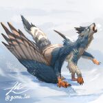  animal_focus artist_name bird_wings chimera claws day english_commentary fangs feathered_wings from_side full_body highres monster no_humans open_mouth original outdoors scales signature snow solo tail twitter_username wings yamamura_le yellow_eyes 