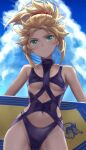  1girl bare_shoulders blonde_hair blue_sky blush braid breasts fate/grand_order fate_(series) french_braid green_eyes highres long_hair looking_at_viewer mordred_(fate) mordred_(fate/apocrypha) navel parted_bangs ponytail sidelocks sky small_breasts solo surfboard swimsuit tonee 
