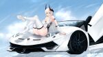  1girl absurdres alternate_costume arknights artist_name ass bare_shoulders black_horns blowing_bubbles breasts car chewing_gum chinese_commentary cleavage clothing_cutout commentary_request dated edward-jacob_(pixiv_17991780) fingernails full_body highres horns lamborghini lamborghini_aventador large_breasts leaning legs_up leotard long_hair looking_at_viewer motor_vehicle mudrock_(arknights) on_vehicle red_eyes reflection reflective_floor shoe_soles shoes signature sneakers solo thighhighs white_footwear white_hair white_leotard white_thighhighs 