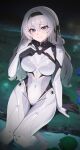  1girl absurdres arm_support black_bow black_hairband blush bodysuit bow breasts covered_navel firefly_(ar-26710)_(honkai:_star_rail) firefly_(honkai:_star_rail) grey_hair hair_between_eyes hair_bow hairband hand_on_own_chest head_tilt highres honkai:_star_rail honkai_(series) long_hair looking_at_viewer medium_breasts nvl official_alternate_costume purple_eyes sitting smile soaking_feet solo thighs very_long_hair water white_bodysuit 
